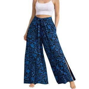 Keliki Hawaii Boho Wrap Palazzo Pants Womens L Blue Black Floral Resort Vacation